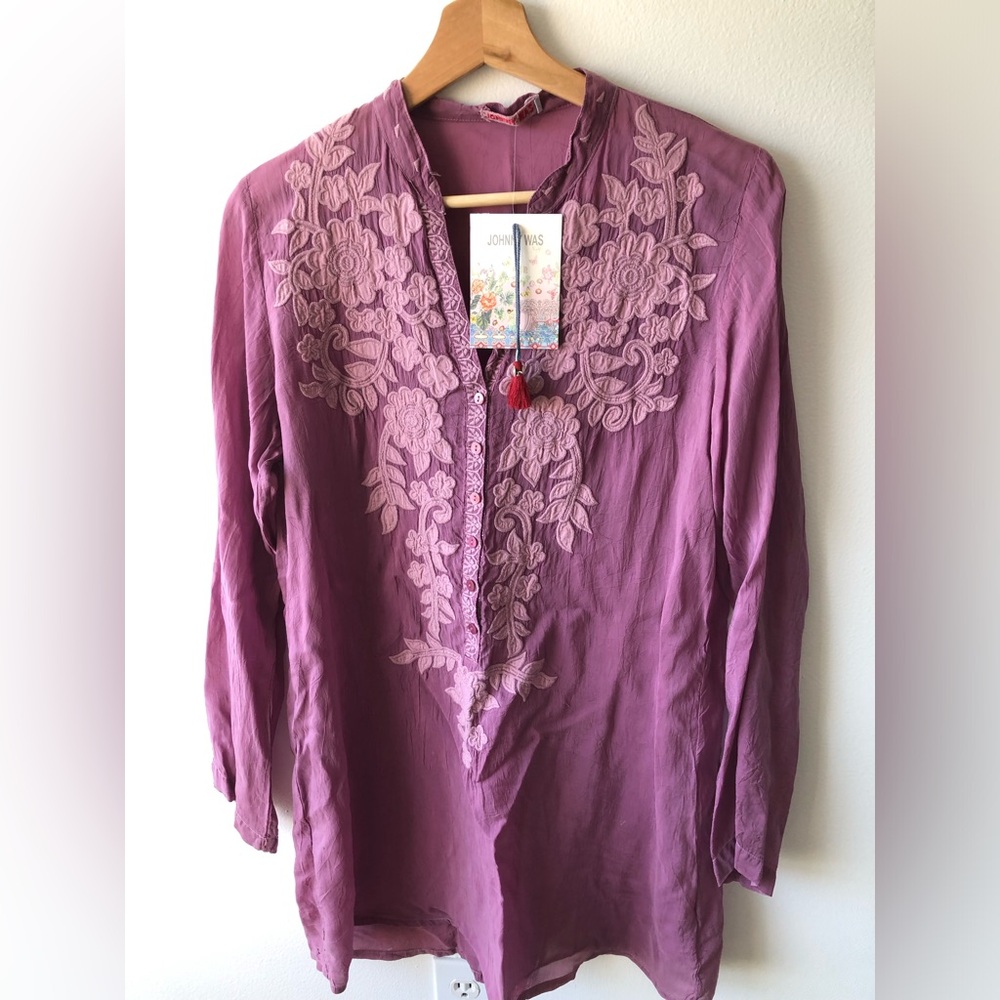 [S] Johnny Was Appliqué Allie Blouse Purple Embroidered Tunic Blouse - AS IS